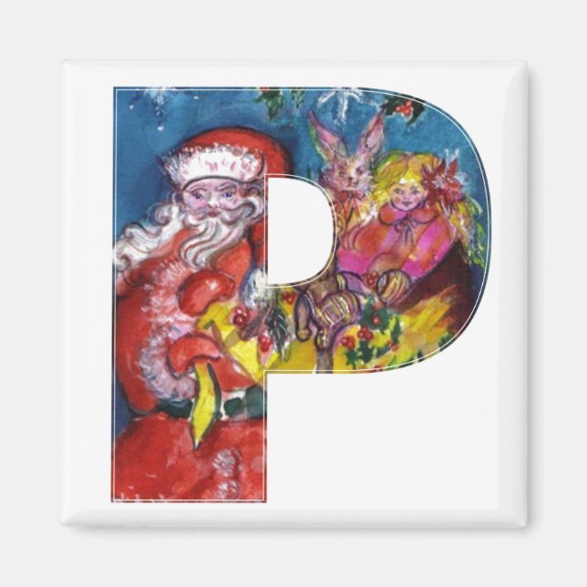 CHRISTMAS P LETTER  / SANTA  WITH GIFTS MONOGRAM MAGNET (Front)
