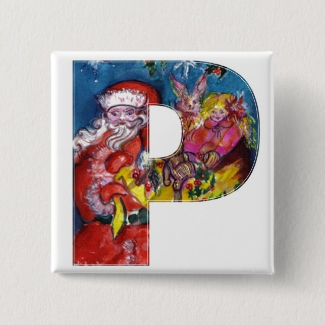 CHRISTMAS P LETTER  / SANTA  WITH GIFTS MONOGRAM PINBACK BUTTON (Front)