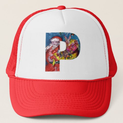 CHRISTMAS P LETTER   SANTA  WITH GIFTS MONOGRAM TRUCKER HAT