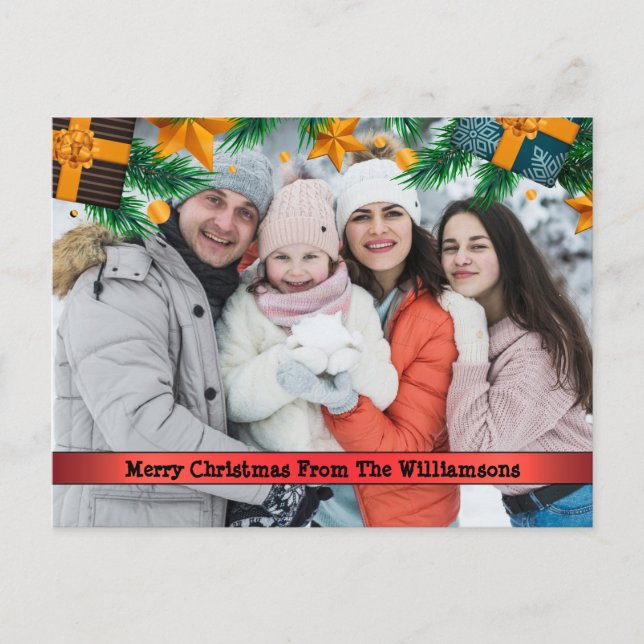 Christmas Packages Pine Boughs Frame Photo Holiday Postcard (Front)