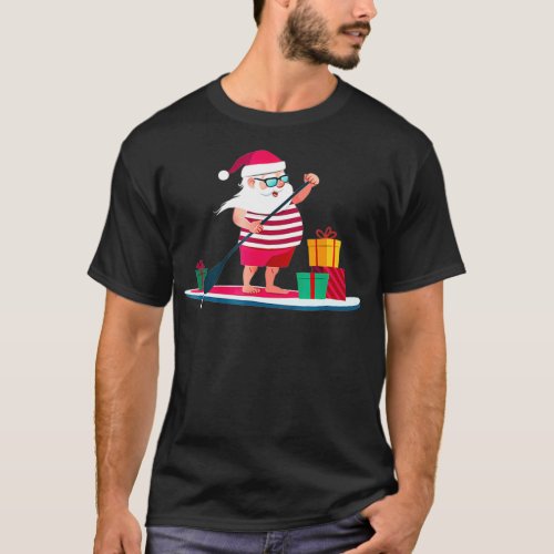 Christmas Paddleboarding Santa in Swim Shorts T_Shirt