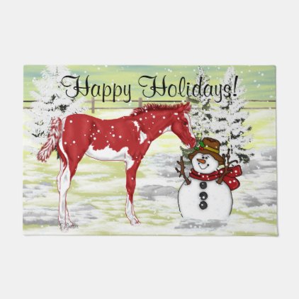 Christmas Paint Horse Foal and Snowman Print Doormat