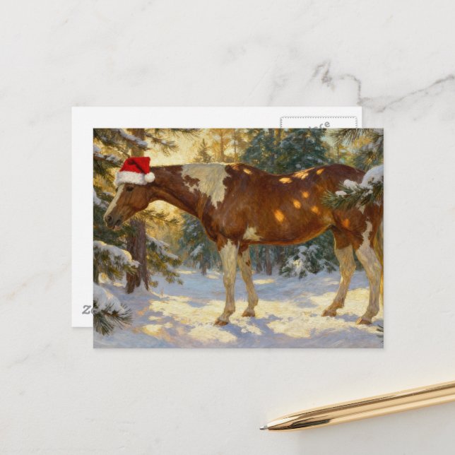 Christmas Paint Horse Mare Winter Forest Santa Hat Postcard (Front/Back In Situ)