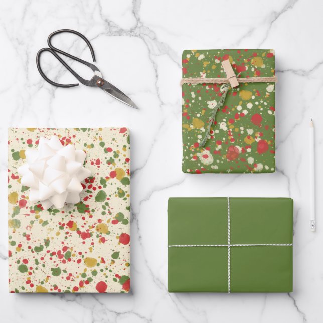 Christmas Paint Spatter Pattern Red Green Cream Wrapping Paper Sheets (Front)