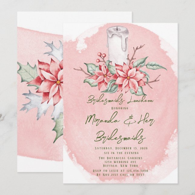 Christmas Painted Poinsettia Bridesmaids Luncheon Invitation (Front/Back)