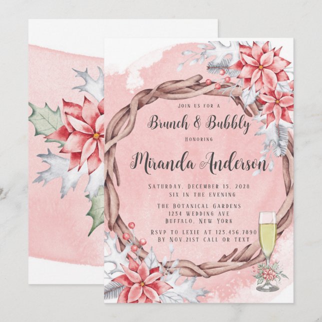 Christmas Painted Poinsettia Brunch & Bubbly Invitation (Front/Back)
