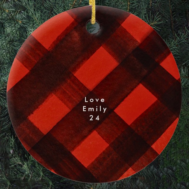 Christmas Painted Red Black Tartan Holiday Plaid Ceramic Ornament (Creator Uploaded)