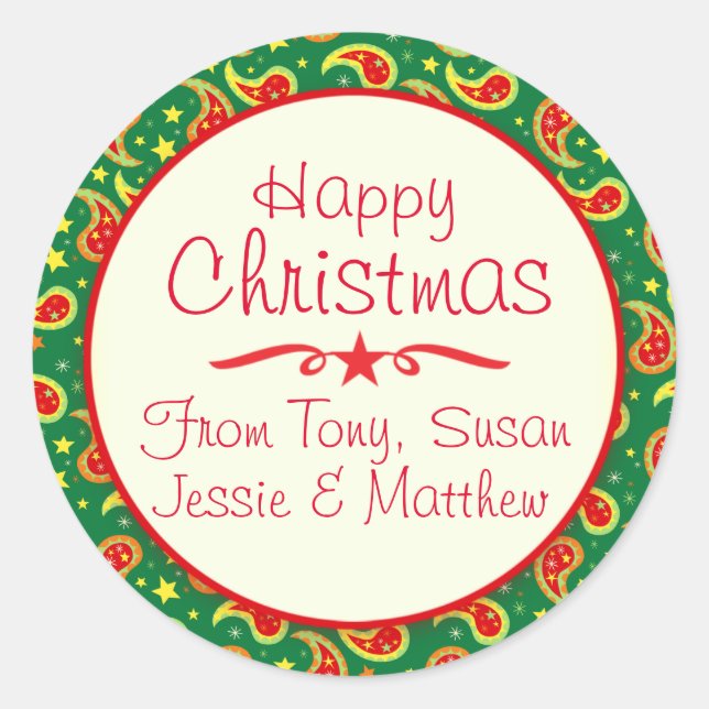 Christmas paisley green pattern gift label sticker (Front)