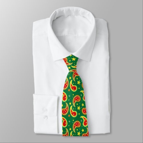 Christmas paisley green red star neck tie