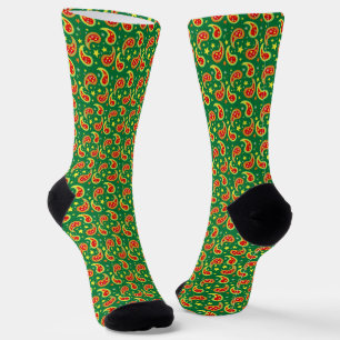 Christmas paisley green red star socks
