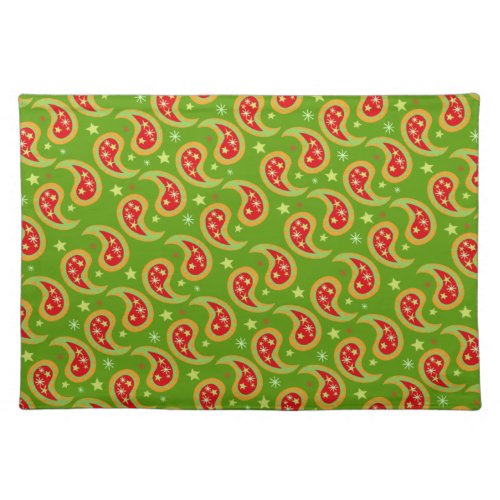 Christmas paisley green red stars canvas placemat