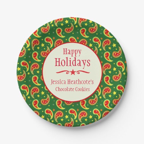 Christmas paisley name cookie exchange paper plate