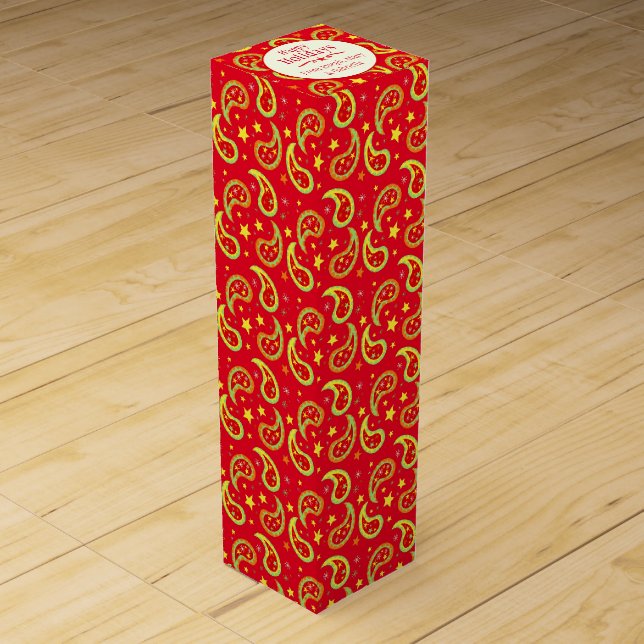 Christmas paisley pattern red personalize wine box (Front)
