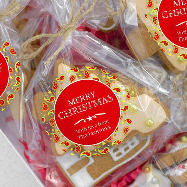 Christmas paisley pattern red star custom classic round sticker (Creator Uploaded)