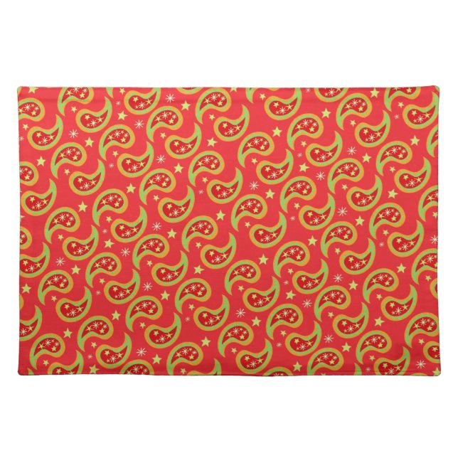 Christmas paisley red green stars canvas placemat (Front)
