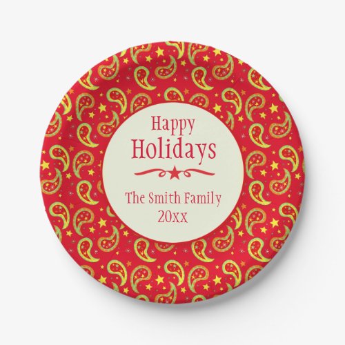 Christmas paisley red name holiday paper plate