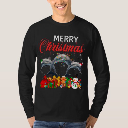 Christmas Pajama Dolphin Lover Xmas Tree Lights An T_Shirt