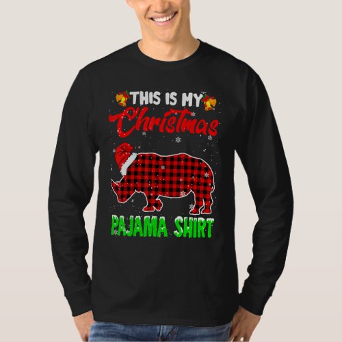 Christmas Pajama Funny Santa Red Plaid Rhino Chris T_Shirt