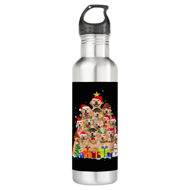 Christmas Pajama Golden Retriever Tree Xmas Gift D Stainless Steel Water Bottle (Front)