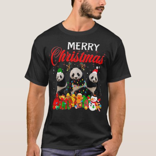 Christmas Pajama Panda Bear Lover Xmas Tree Lights T_Shirt