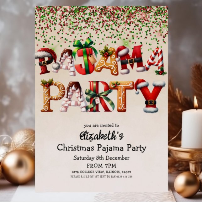Christmas Pajama Party Candy Cane Santa Hat Design Invitation (Creator Uploaded)