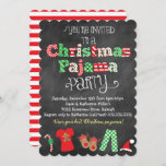 Christmas Pajama Party Chalkboard Invitation<br><div class="desc">This fun and festive Christmas Pajama Party chalkboard style invitation is perfect for any Christmas pajama theme event! This design features a chalkboard style background,  bright Christmas color pattern letters,  and fun Christmas graphics and illustrations along the bottom including Christmas pajamas,  reindeer slippers,  candy cane and Santa hat!</div>