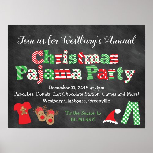 Christmas Pajama Party Chalkboard Style Poster