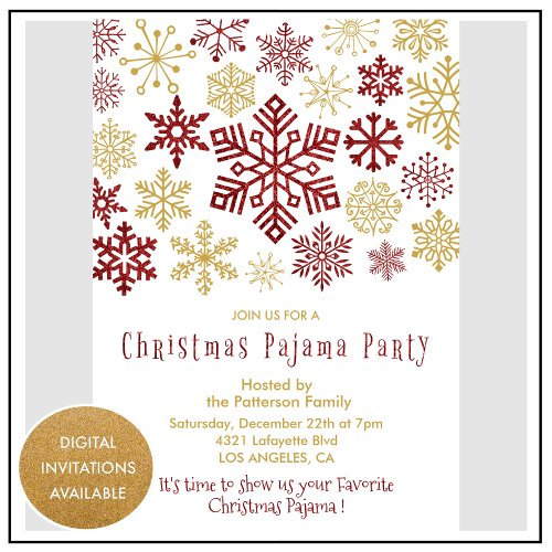 Christmas Pajama Party Chic Red Cute Snowflake  Invitation