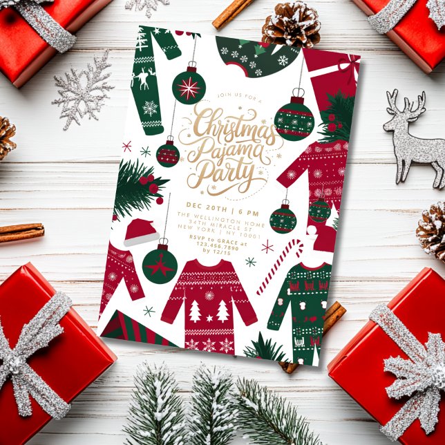 Christmas Pajama Party Classic Red Green Invitation (Creator Uploaded)