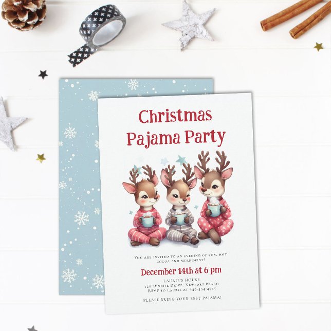 Christmas Pajama Party Funny Cute Reindeer Snow Invitation (christmas pajama party invitation funny cute reindeer hot cocoa pj sleepwear sleepover teens kids)