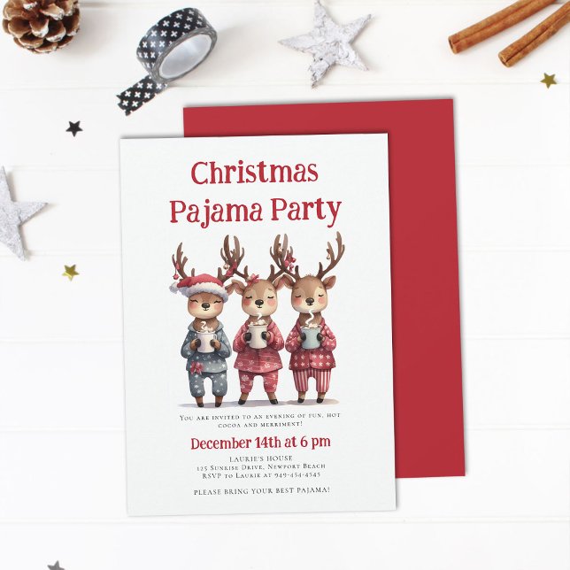 Christmas Pajama Party Funny Reindeer Sleepwear Invitation (christmas pajama party invitation funny reindeer hot cocoa pj sleepwear sleepover teens kids cute)