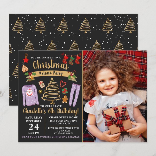 Christmas Pajama Party Girl Birthday Photo Invitation (Front/Back)