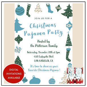 Christmas Pajama Party Glitter cute illustration Invitation