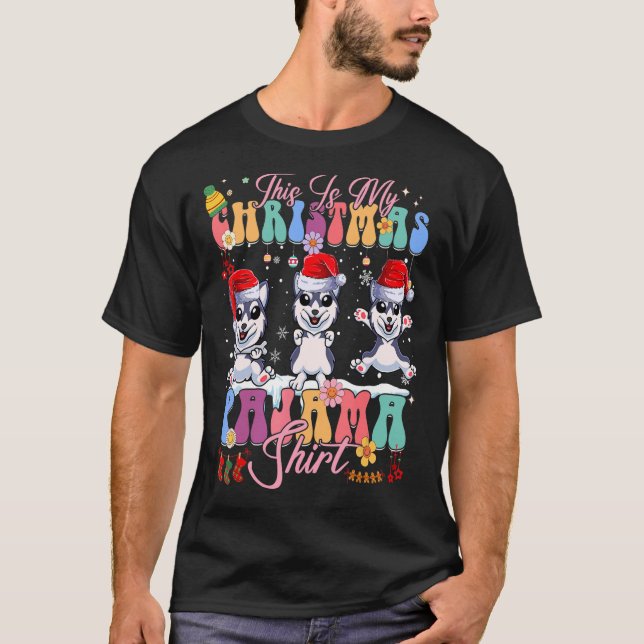 Christmas Pajama Siberian Husky Santa Dog Matching T-Shirt (Front)