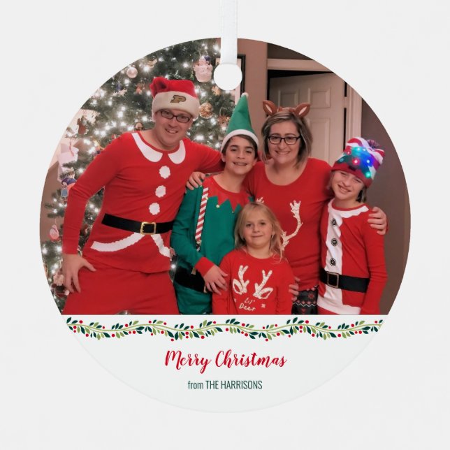 Christmas Pajamas Challenge Family Photo Metal Ornament (Front)