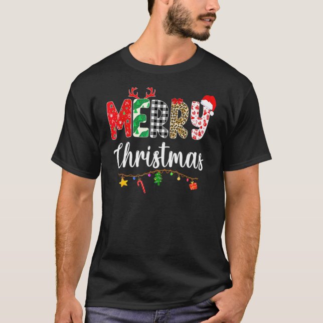 Christmas Pajamas Leopard Red Plaid Merry Christma T-Shirt (Front)
