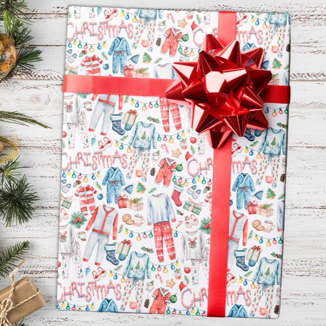 Christmas Pajamas Watercolor Wrapping Paper (Fun Pajama Christmas Party illustrations )