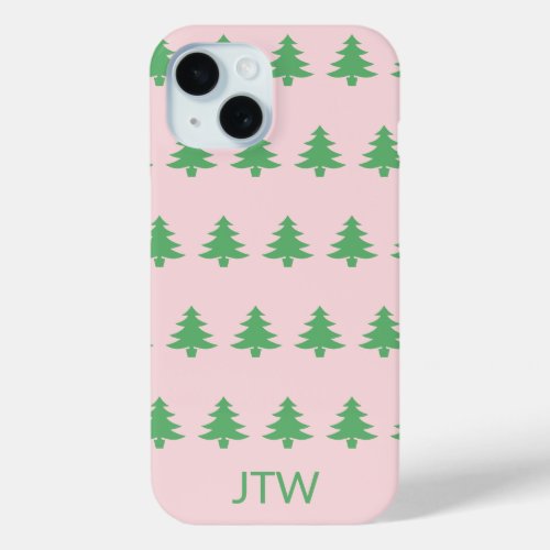 Christmas Pale Pink and Green Trees Monogram iPhone 15 Case