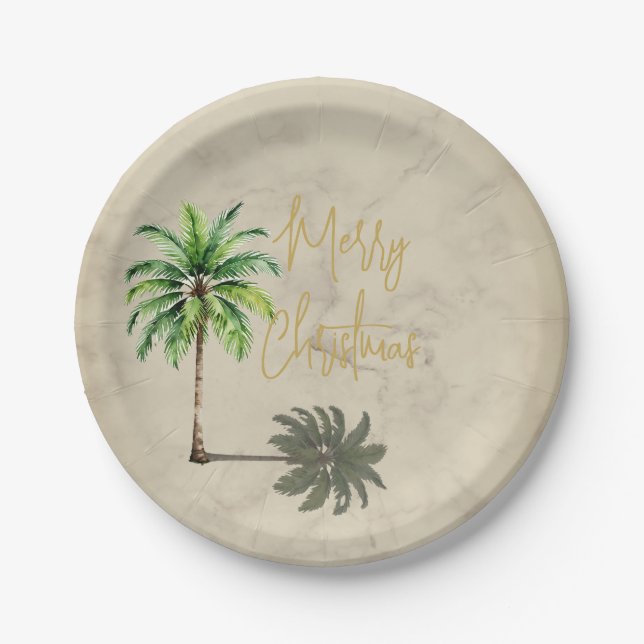 Christmas Palm Elegant Gold Merry  Paper Plates (Front)