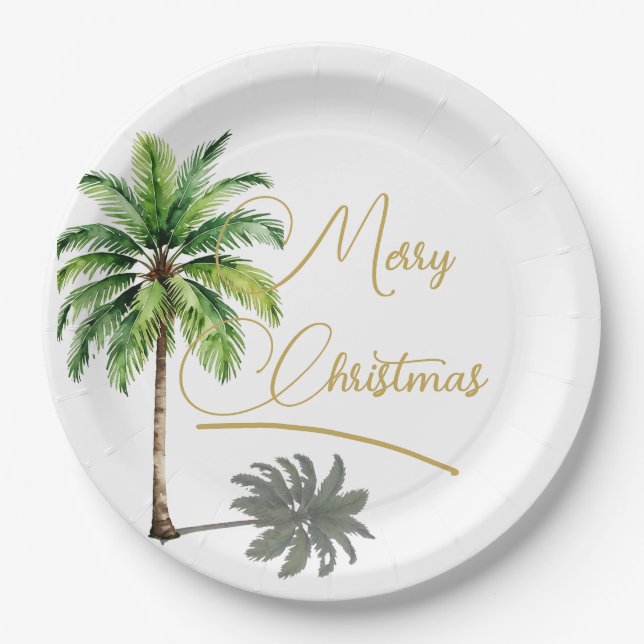 Christmas Palm Elegant Gold Merry  Paper Plates (Front)