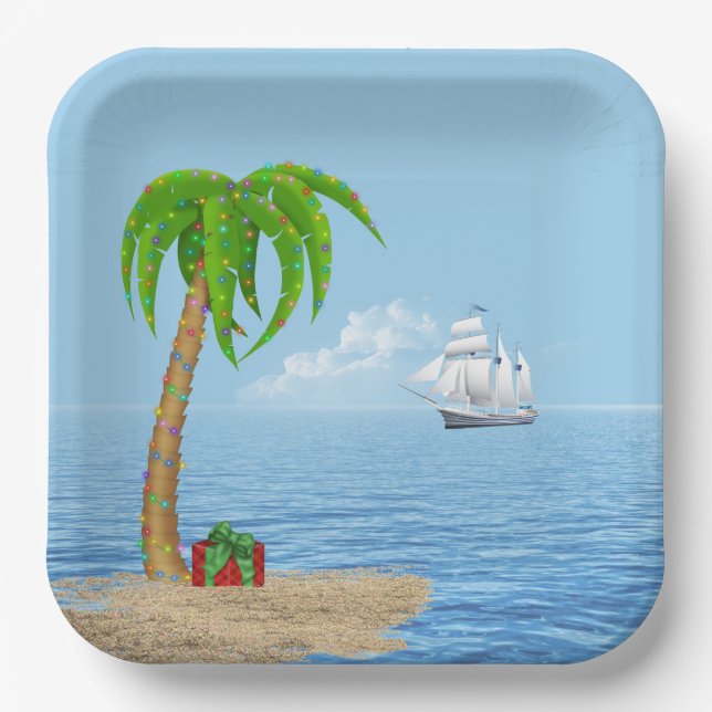 Christmas Palm Tree and Boat Paper Plates (Front)