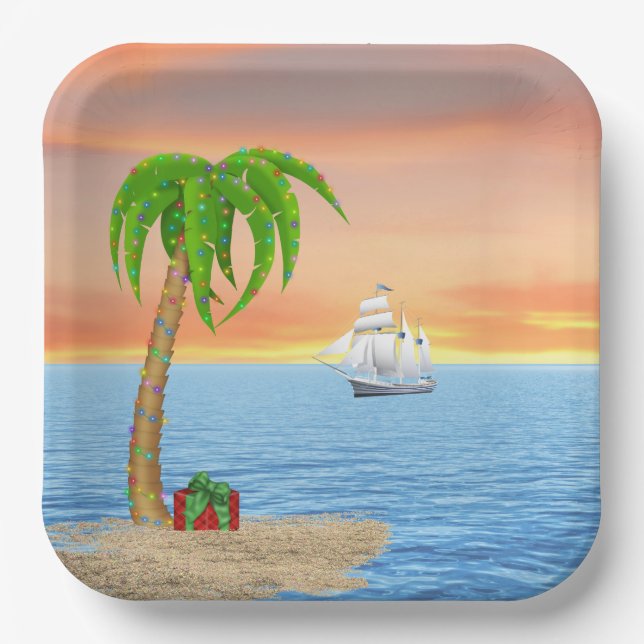 Christmas Palm Tree and Boat  Paper Plates (Front)