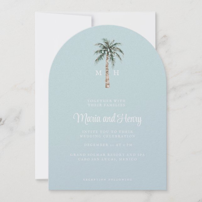 Christmas Palm Tree Arched Beach Wedding Monogram Invitation (Front)