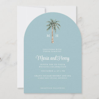 Christmas Palm Tree Arched Beach Wedding Monogram Invitation