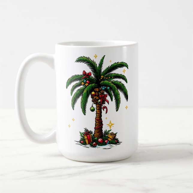 Christmas Palm Tree, Beach Aloha Christmas Coffee Mug (Left)