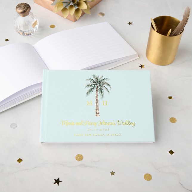 Christmas Palm Tree | Beach Wedding Monogram Foil Guest Book (Front Open)