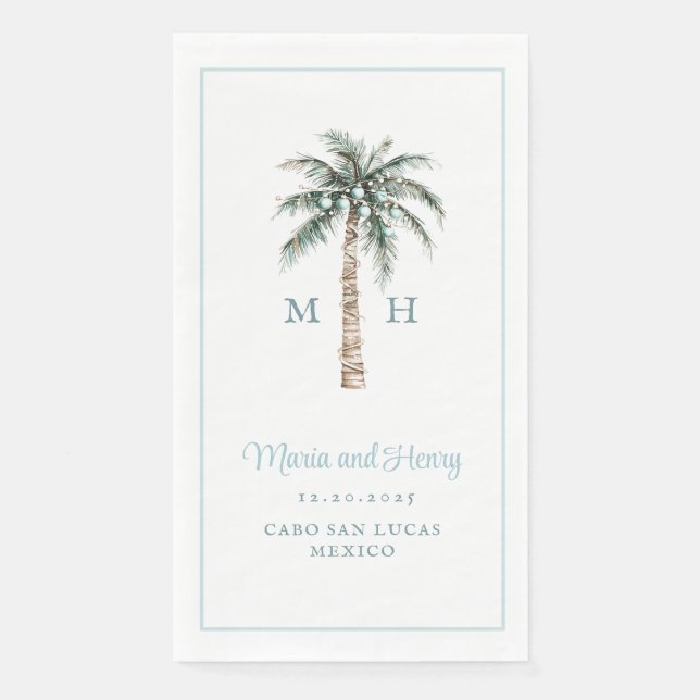 Christmas Palm Tree | Beach Wedding Monogram Paper Guest Towels (Front)