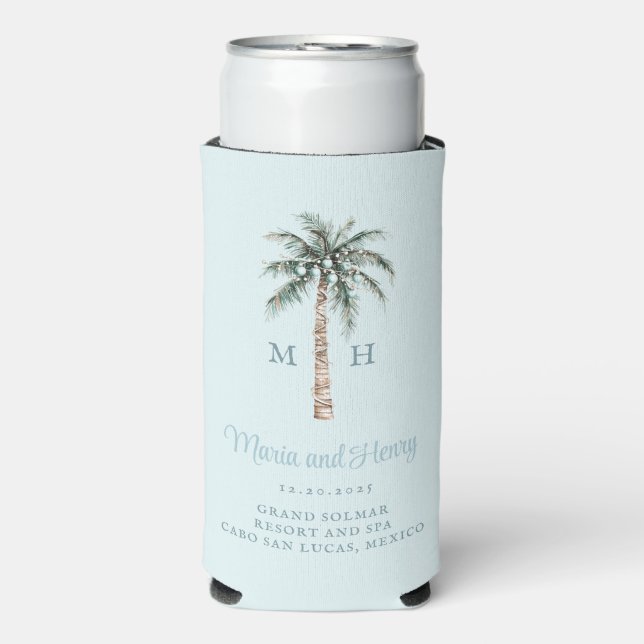 Christmas Palm Tree | Beach Wedding Monogram Seltzer Can Cooler (Seltzer Front)