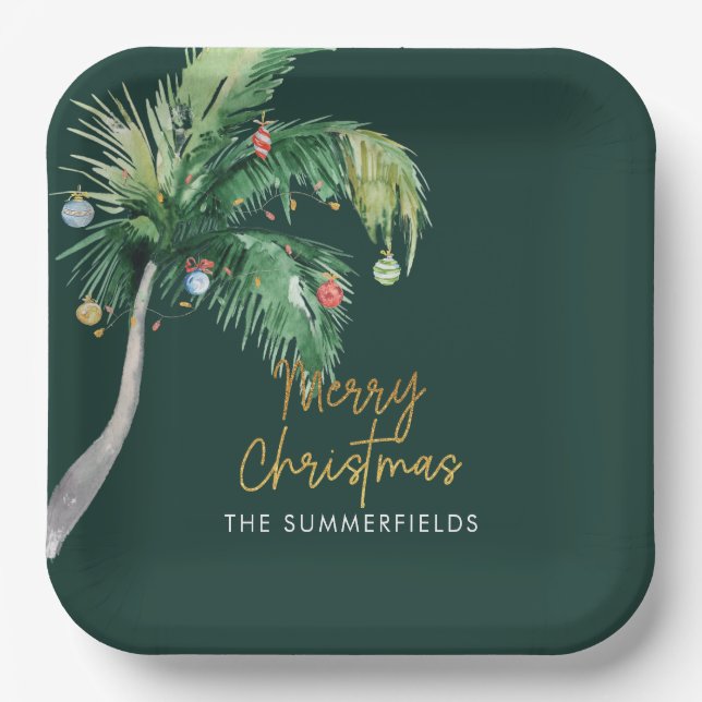 Christmas Palm Tree Coastal Holiday Paper Plates (Front)