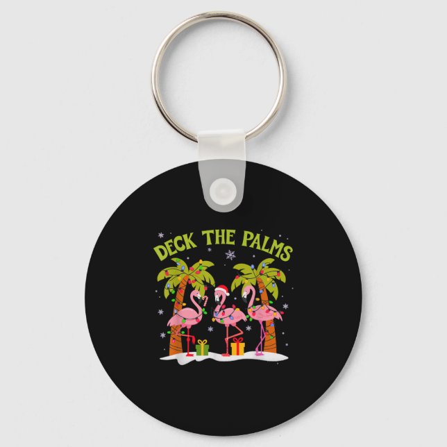 Christmas Palm Tree Flamingo Summer Beach Vacation Keychain (Front)